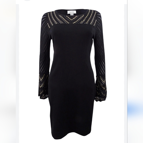 Calvin Klein XL studded pointelle burn out bell sleeve sweater dress - Picture 3 of 11